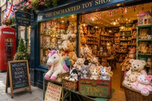 A colorful toy shop in England filled with teddy bears, stuffed animals, and children's toys, illustrating the everyday cultural experiences of living abroad.